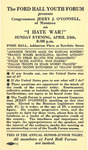 Ford Hall Youth Forum program advertising "I Hate War!" by Ford Hall Forum