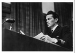 Photograph of Thomas F. Lambert, Jr. speaking from a podium at a proceeding of the Nuremberg Trial, 1946 by Unknown