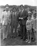 John Joseph Moakley, Michael Dukakis, and Edward M. (Edward Moore) Kennedy at an event, 1970s by unknown