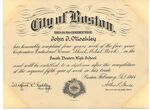 John Joseph Moakley's South Boston High School "Sheet Metal Certificate" course certificate, February 1944 by unknown