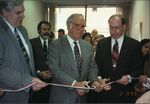 John Joseph Moakley, Gerry Studds, and Brockton Mayor Winthrop H. Farwell at Brockton District Office opening, 9 February 1993 by unknown