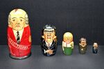 Matryoshka nesting dolls depicting Russian leaders Mikhail Gorbachev, Leonid Brezhnev, Nikita Khrushchev, Joseph Stalin, and Vladimir Lenin. by unknown