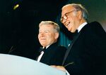 William M. Bulger (left) and John Joseph Moakley smiling at the podium at the Salute to Moakley event by Focused Images-ARR