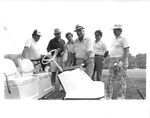 Speaker Tip O'Neill and John Joseph Moakley signing a tax bill at Eastward Ho Golf Course, 1980s by unknown