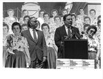 John Joseph Moakley, Fawn Evenson and others on the Capitol steps at a Support of the Textile Act Support Rally, 1980s by unknown